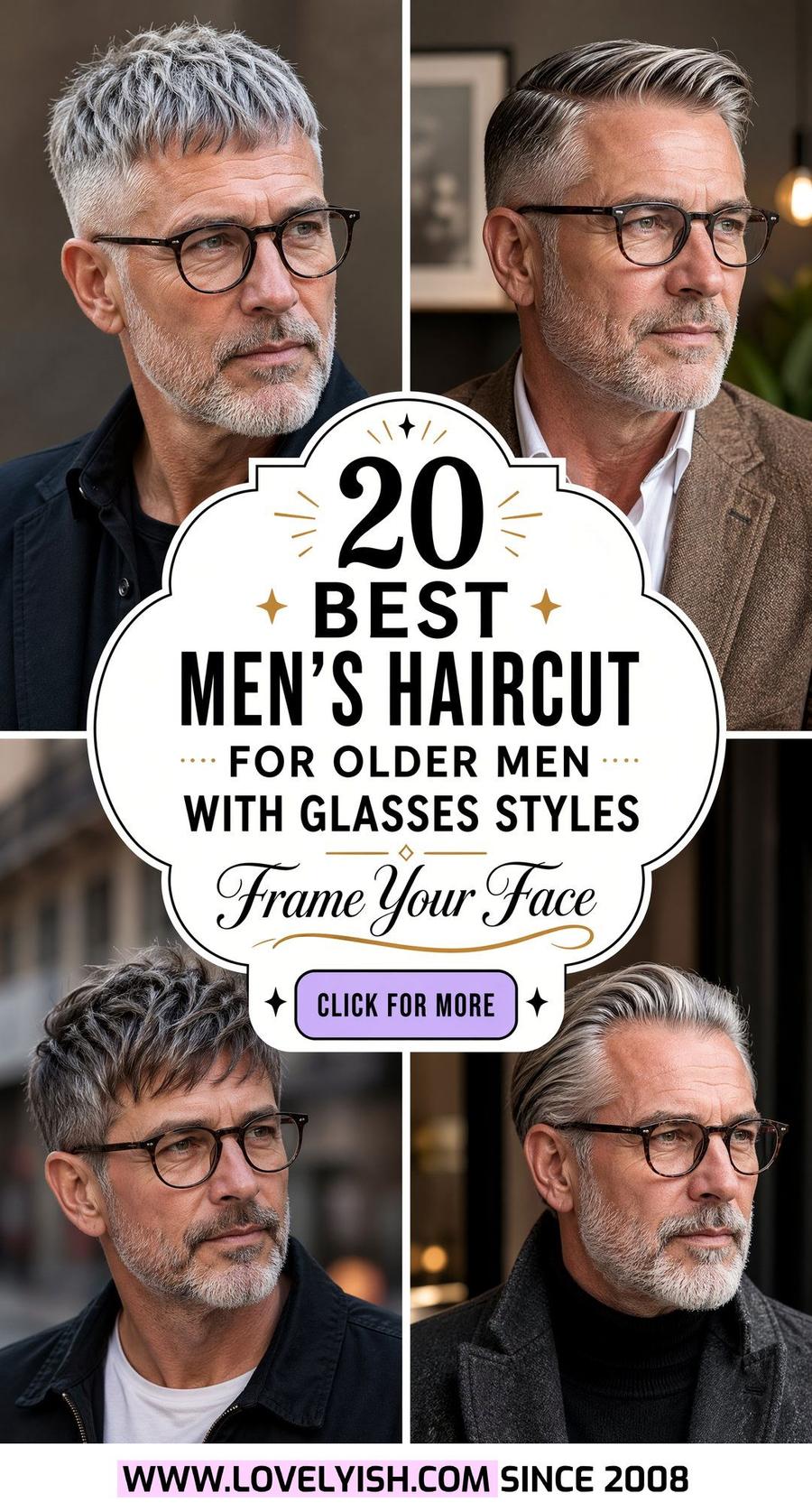 Four men with silver-gray haircuts, wearing glasses, in a collage promoting men’s hairstyles for older men.