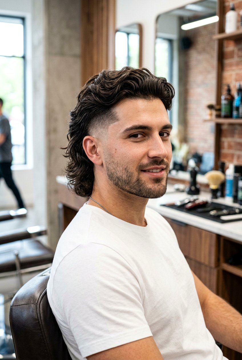 Man with dark wavy soft mullet haircut, white t-shirt, in a modern barbershop with brick walls and mirrors.