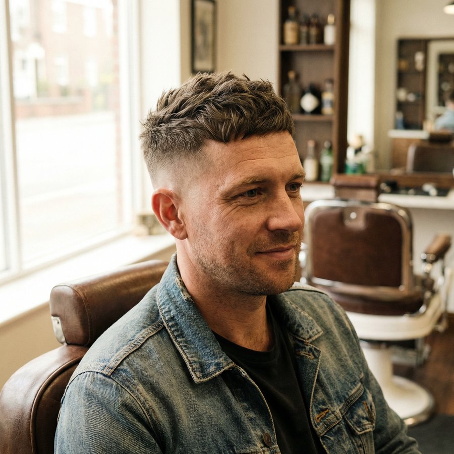 Man with short, textured brown hair sits in a barber chair, wearing a denim jacket, in a bright barbershop with large windows.