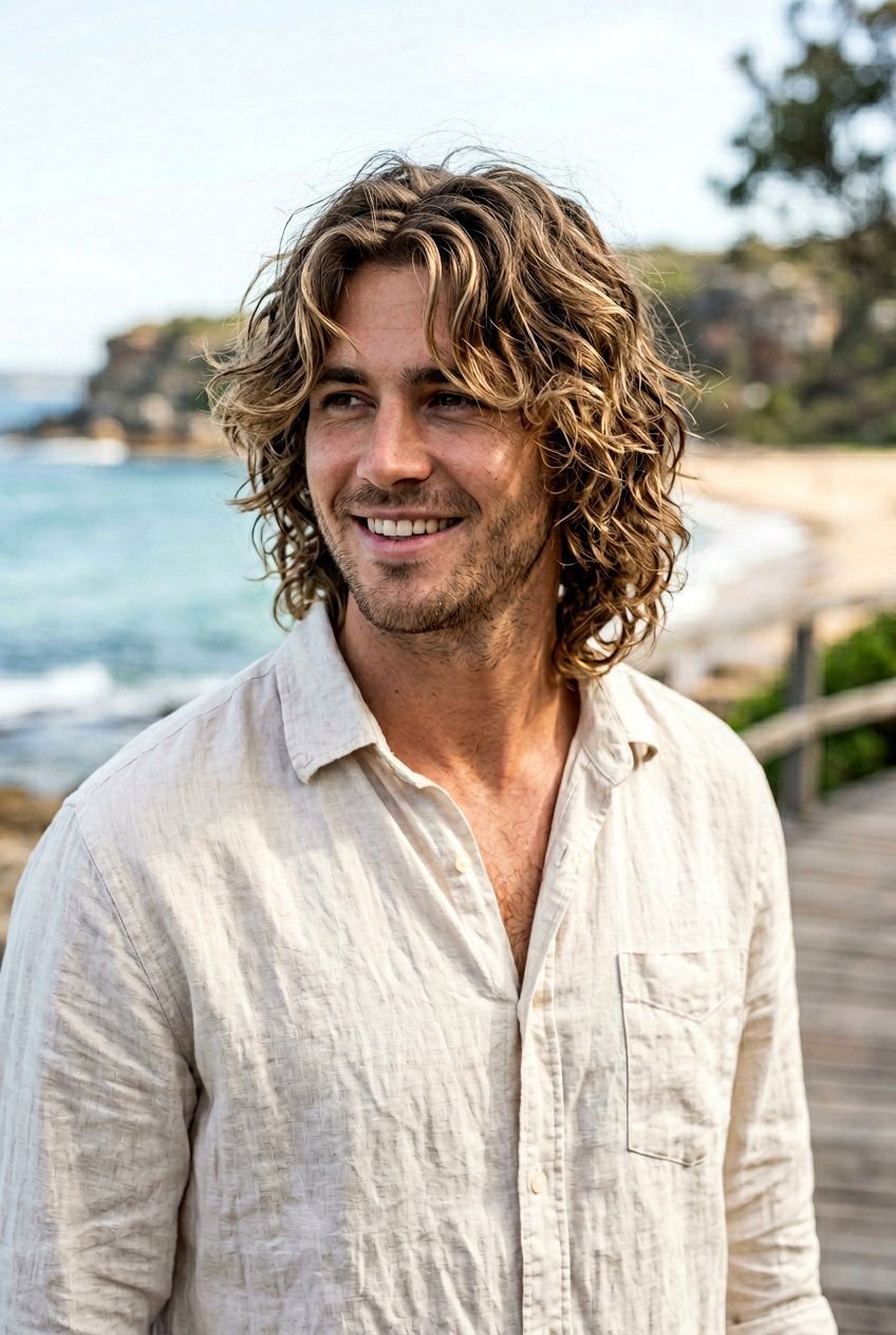 Man with wavy, shoulder-length brown hair styled in an extreme disconnected wolf cut, wearing a light linen shirt, standing on a wooden boardwalk by the beach.