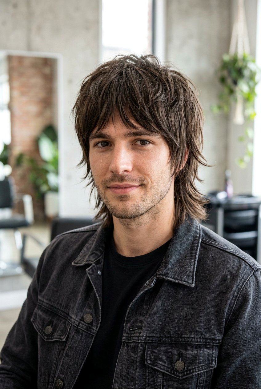 Medium brown, wispy feathered haircut frames a face with soft lighting in a modern salon setting.