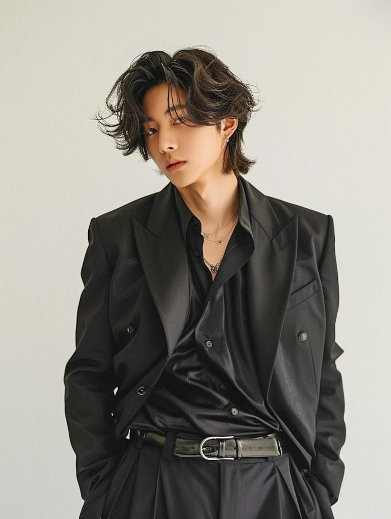 Person with short, tousled wolf cut hairstyle, wearing black blazer and trousers, against light background.