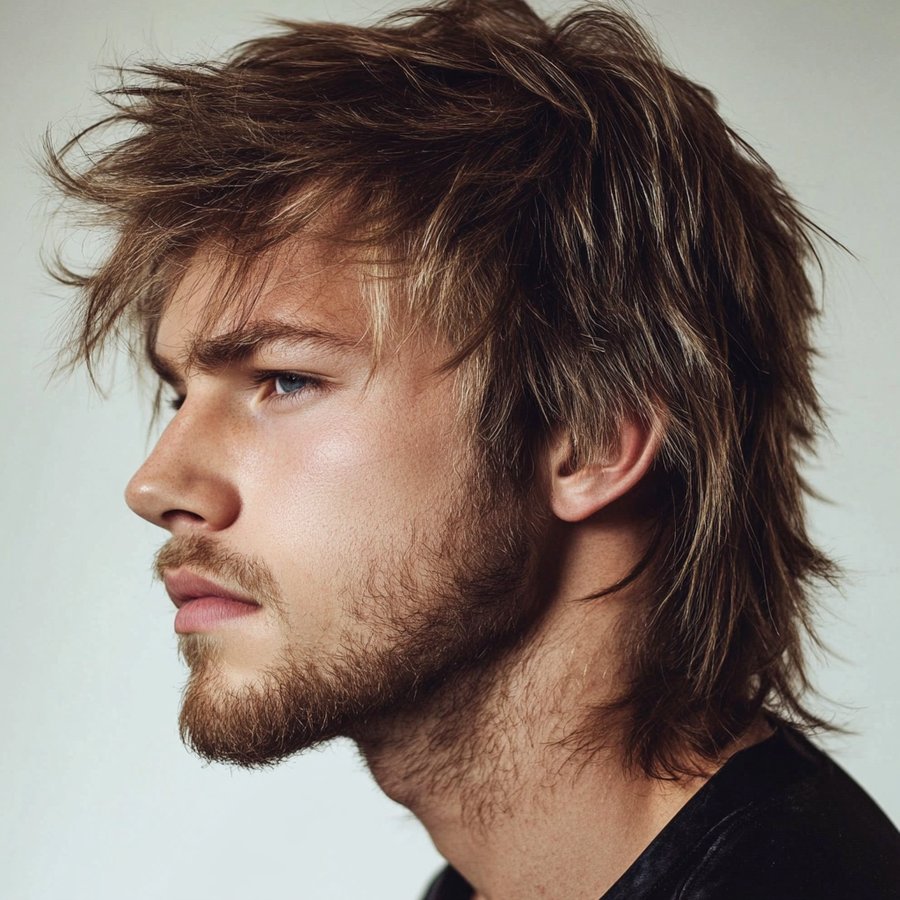 Side profile of a person with medium-length, tousled brown hair featuring a heavy fringe, wearing a black top, against a light background.