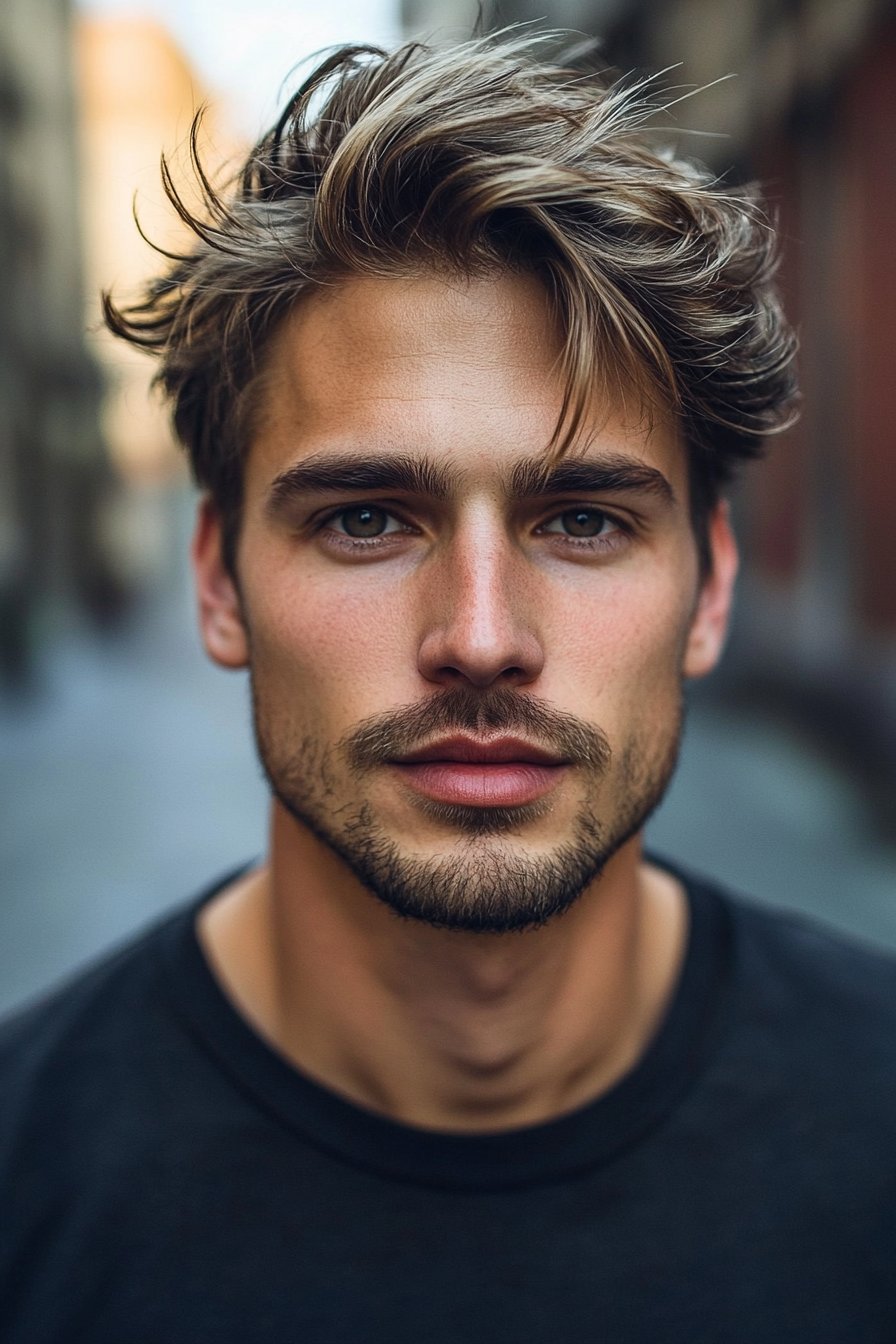 Textured wavy wolf cut with light brown and blonde highlights, close-up portrait with soft lighting and blurred urban background.