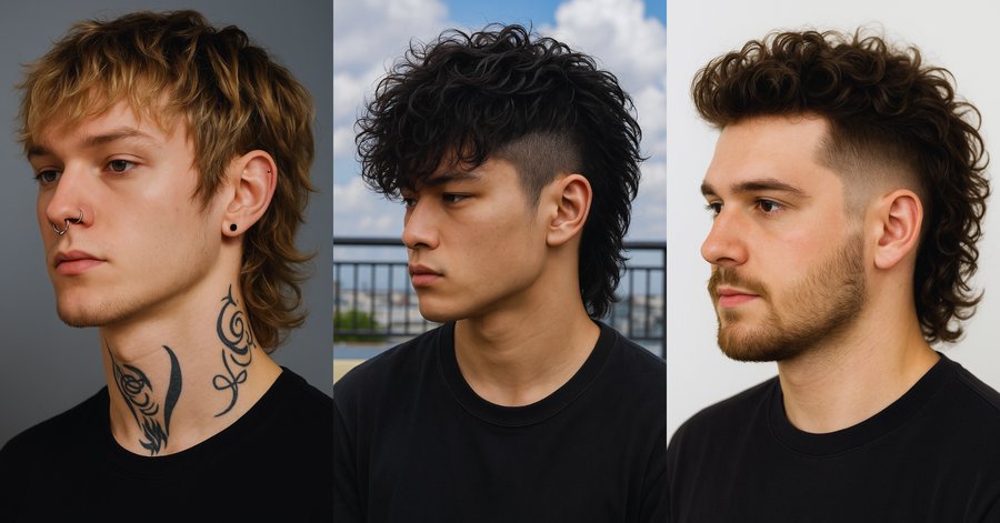 Three men display suburban micro-mullet hairstyles: blonde with neck tattoo, dark curly, and brown curly, all in black shirts.