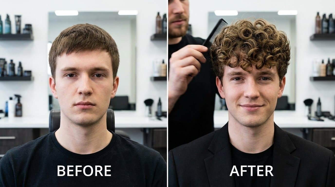Before: short, straight, low volume; After: curly, textured, voluminous, fade on sides.