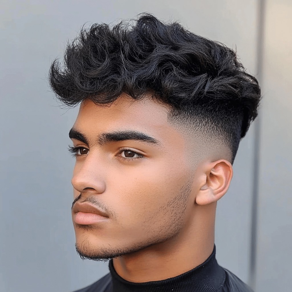 Curly, voluminous top with tight fade on sides.
