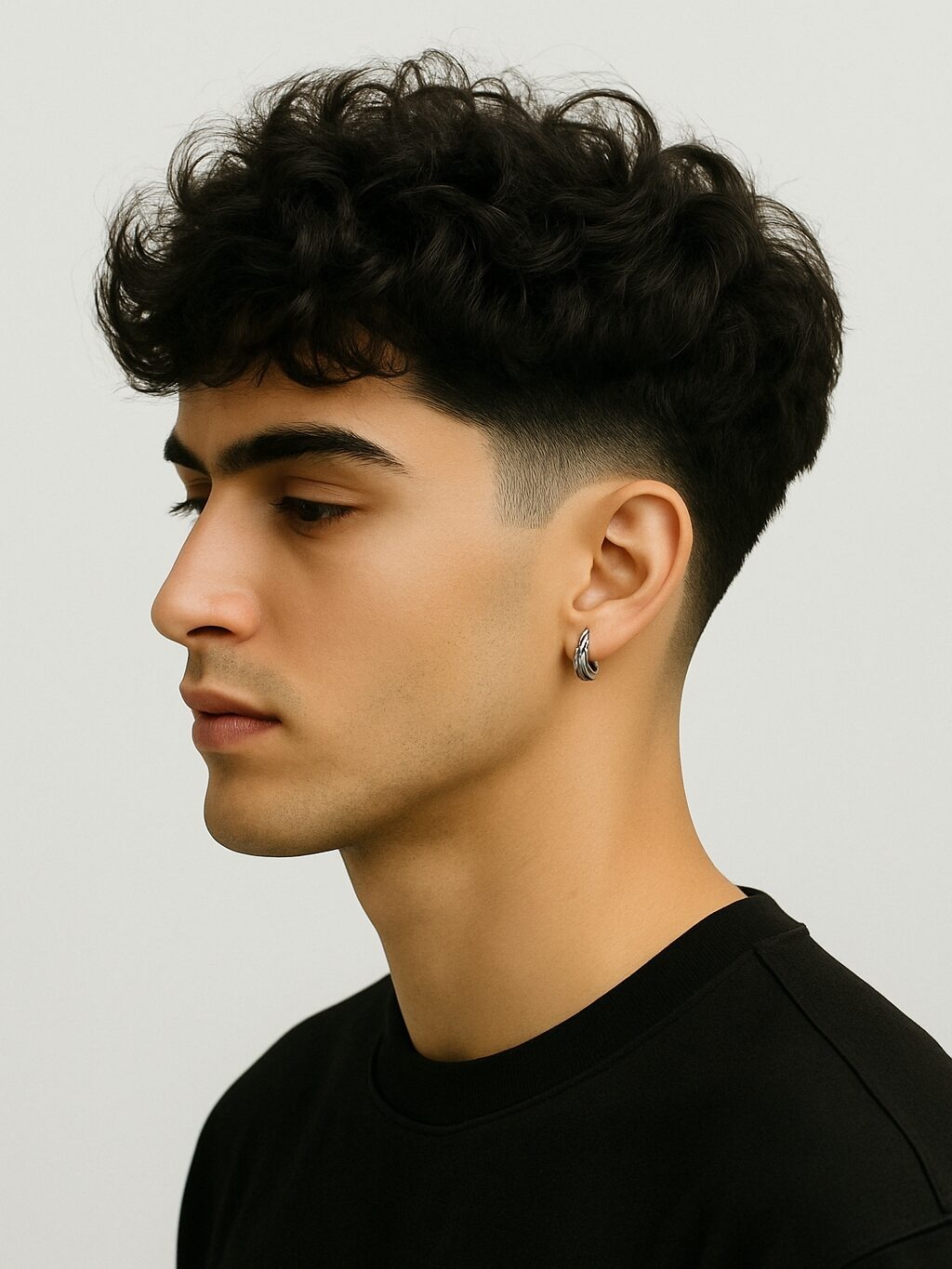Curly, voluminous top with tight texture; low fade on sides.