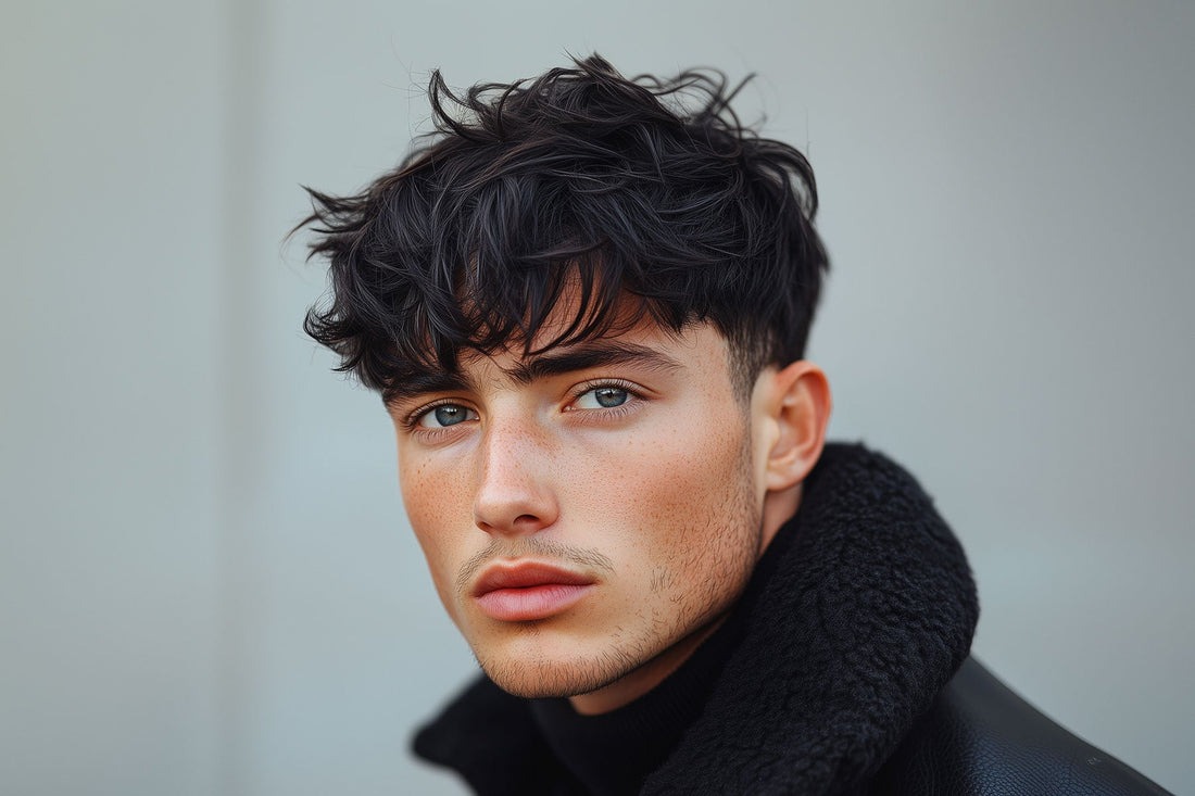 Messy, textured black hair with volume on top, short sides, and a fade.