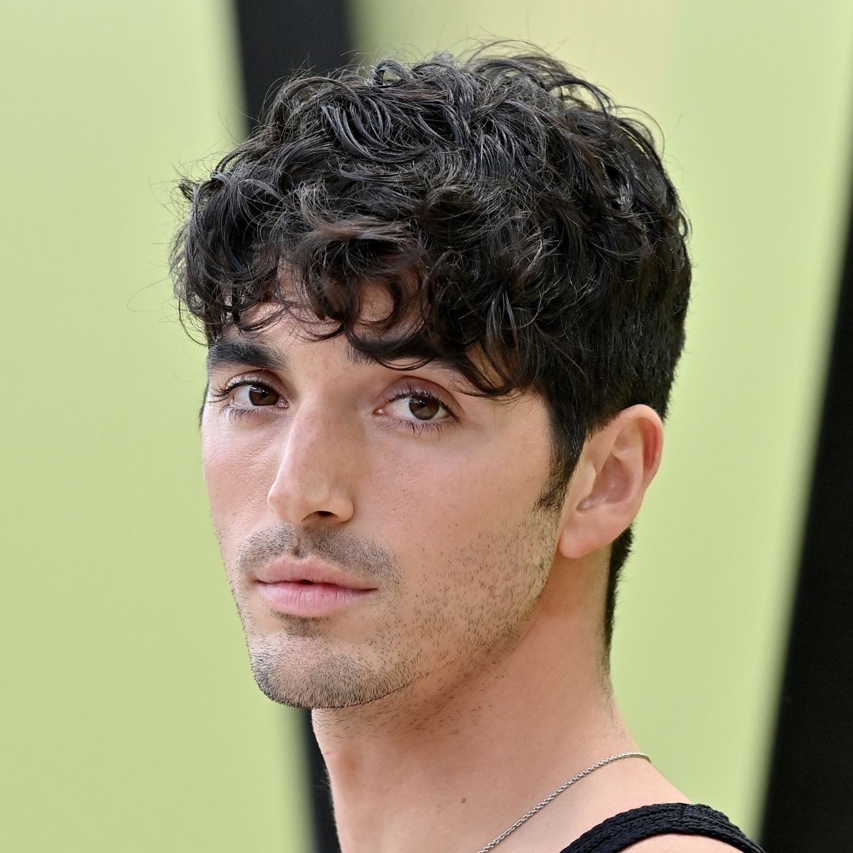 Short, curly black hair with volume, textured waves, and a low fade on the sides.