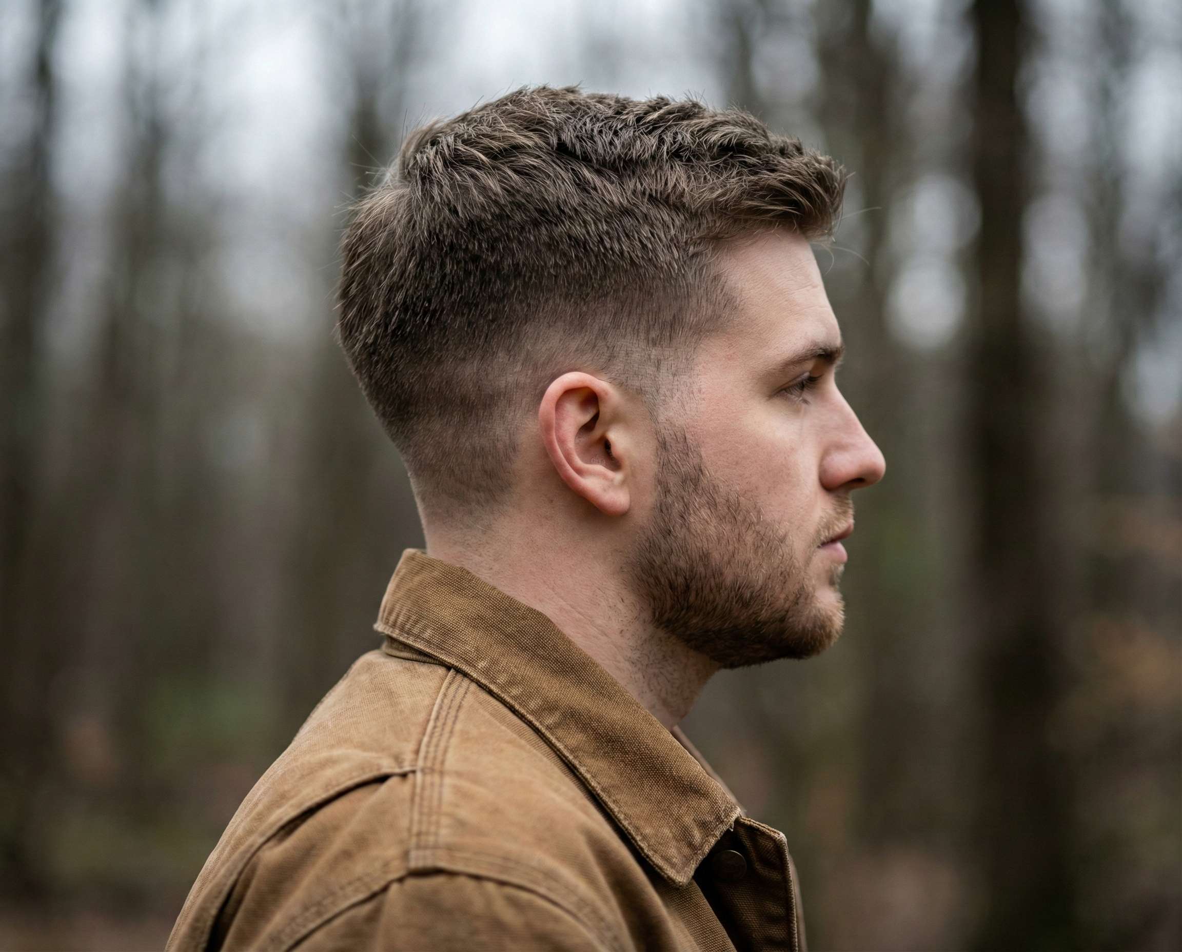 Short, textured top with volume; low fade on sides.