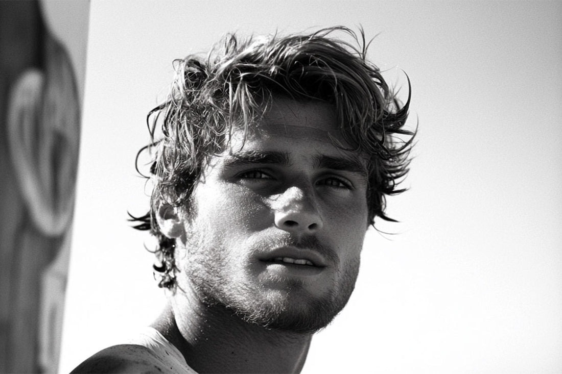 Wavy, textured medium-length hair with volume on top, short sides fading to skin.