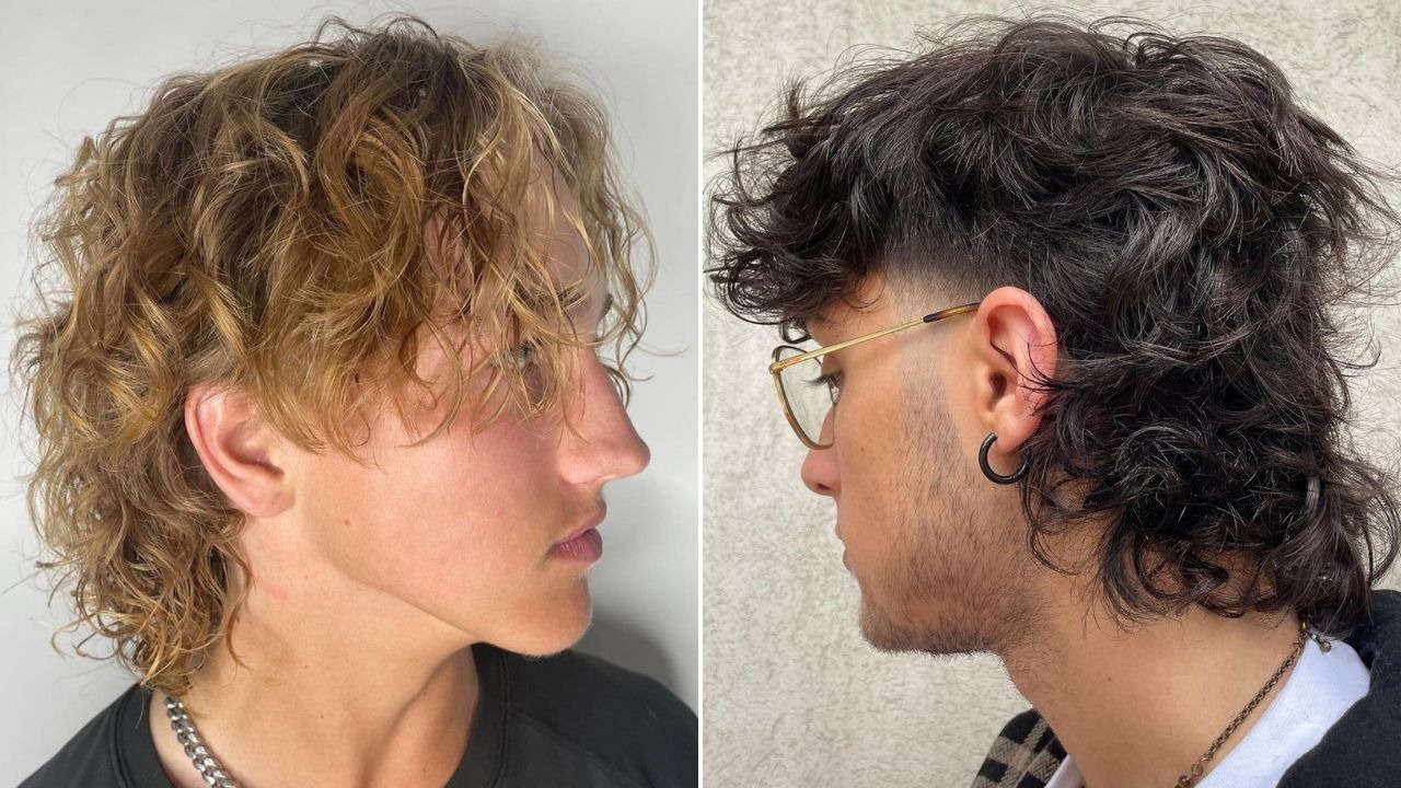 Young man with curly, textured hair; left: medium-length, wavy curls; right: voluminous, dark curls with low fade.