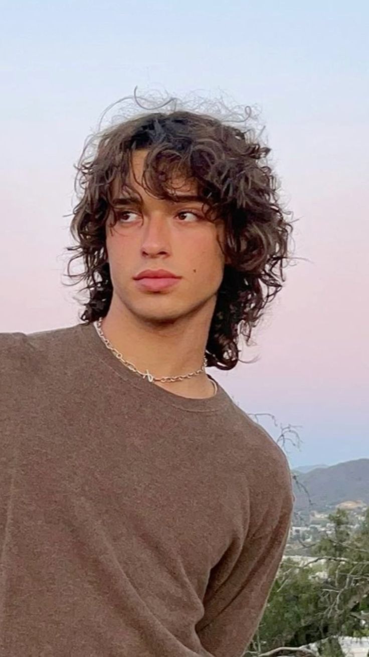 Young man with voluminous, curly brown hair, textured waves, and a fade cut.